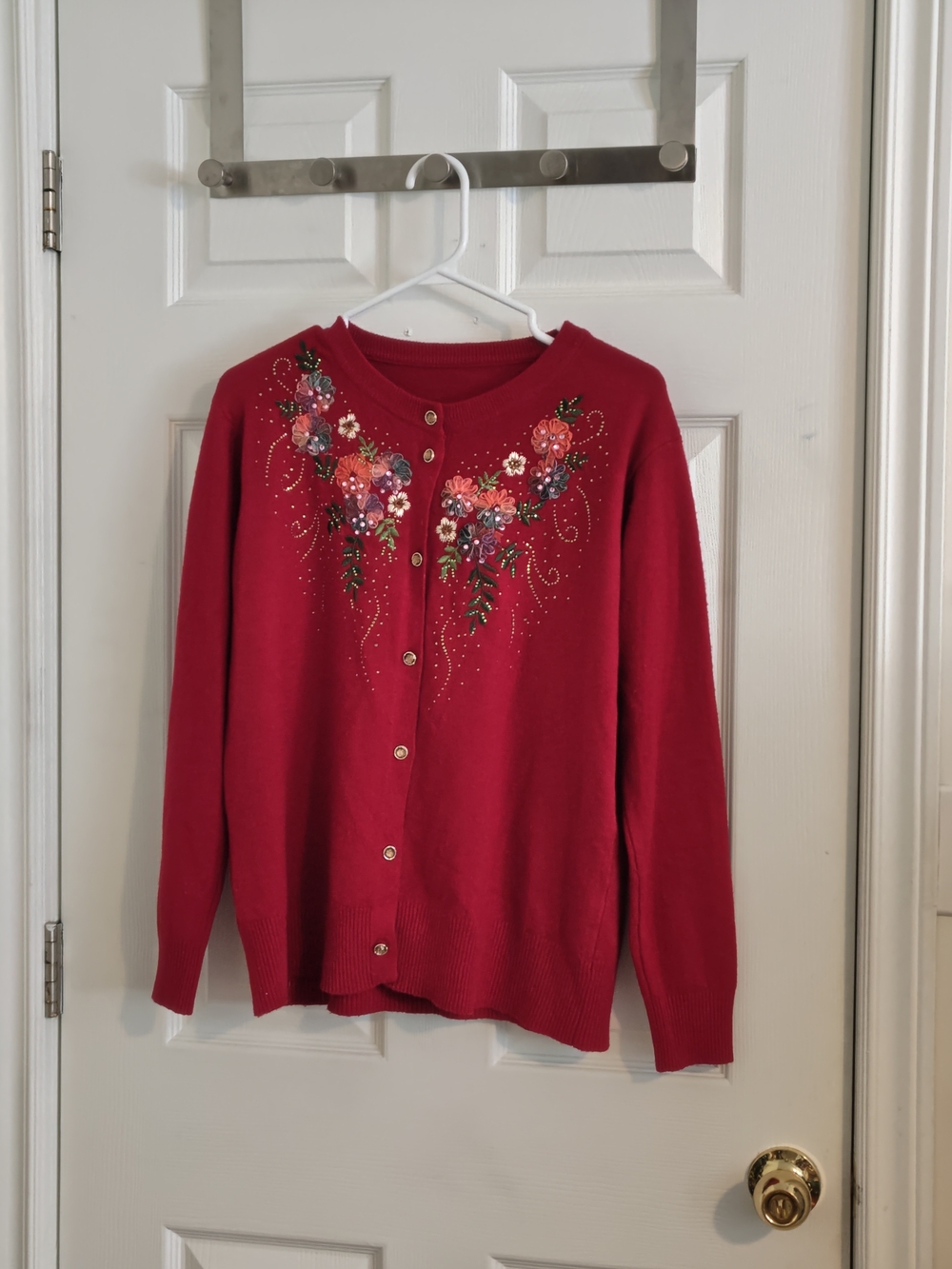 Women’s Red Embroidered Floral Cardigan Sweater